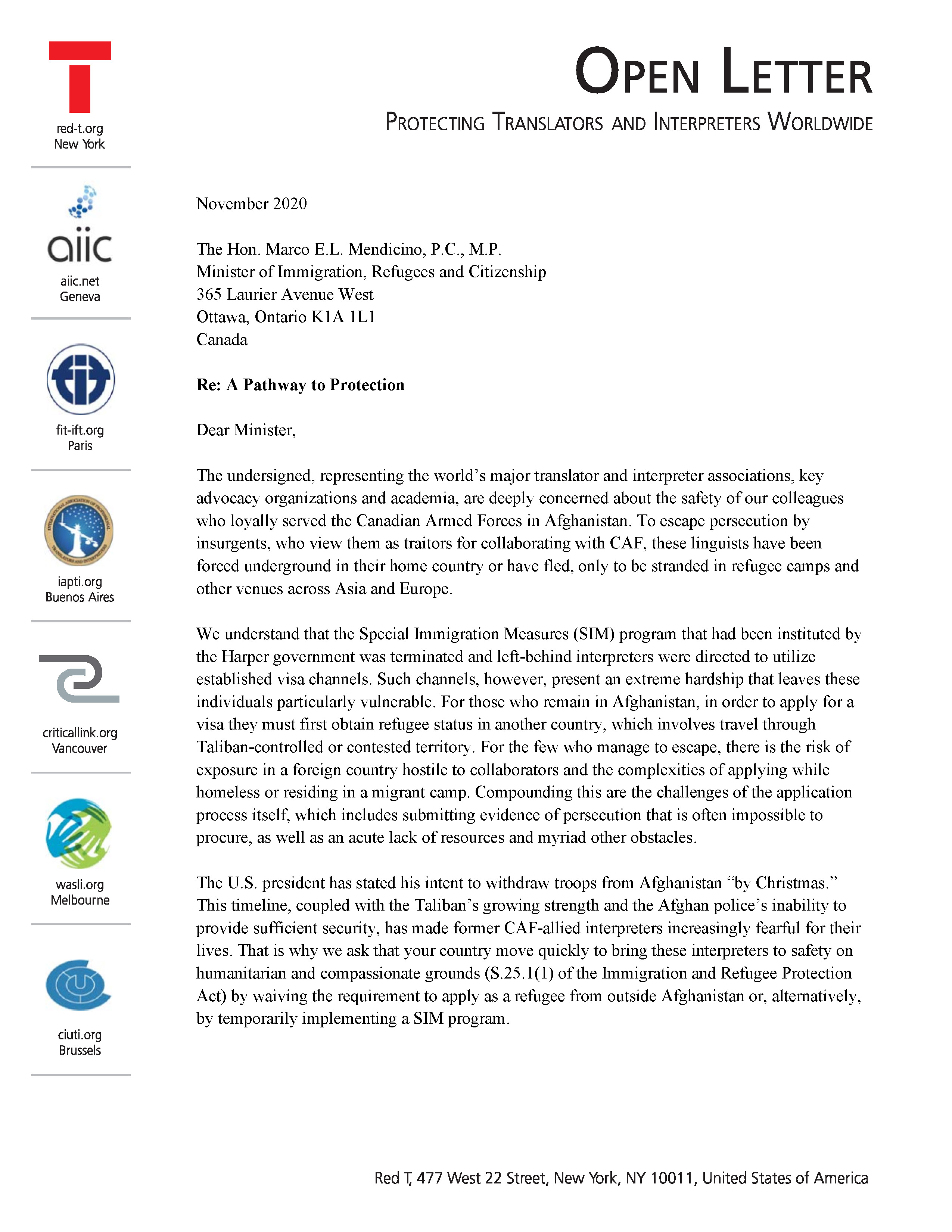 Open Letter Marco Mendicino Canada 2020 Page 1