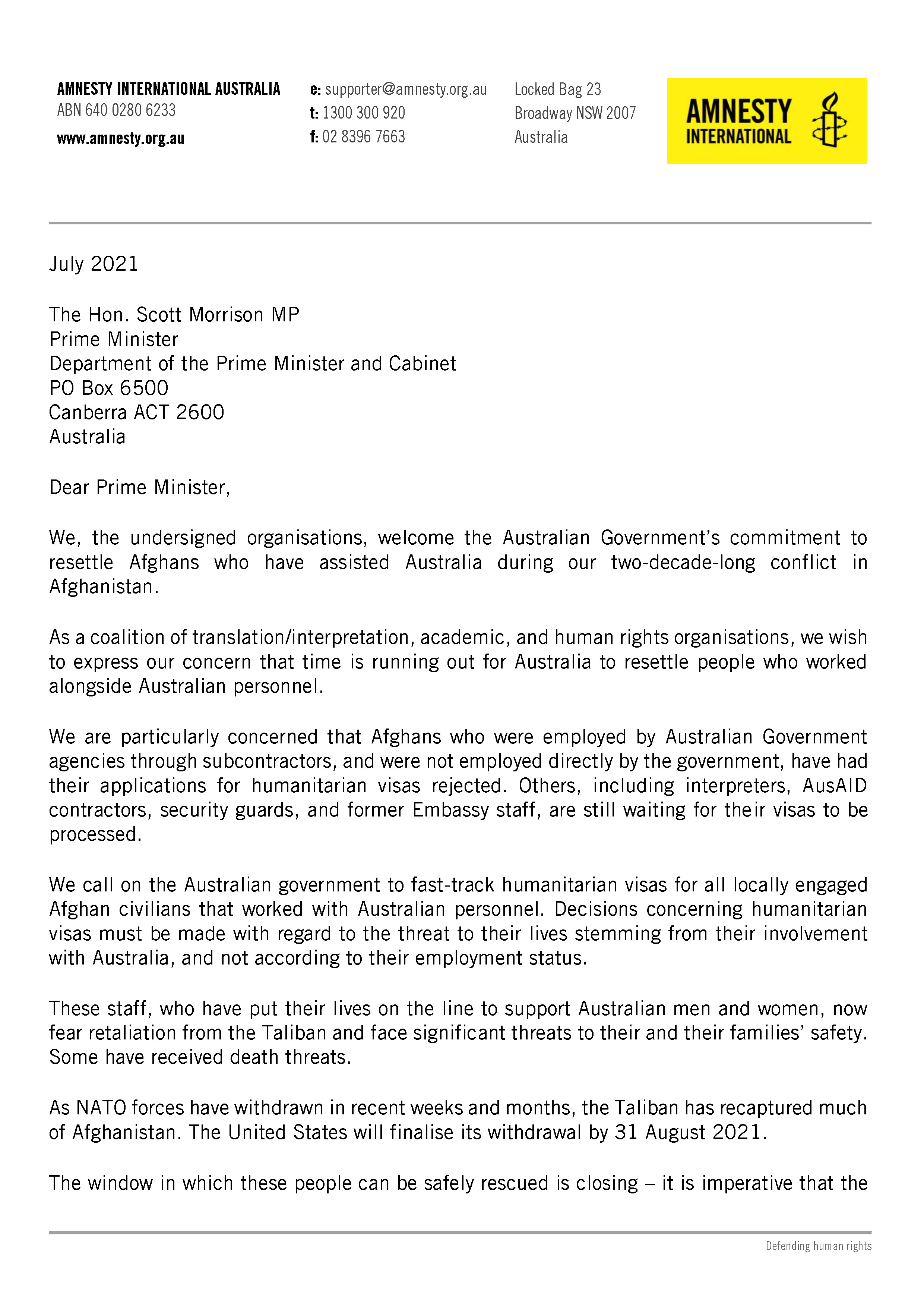 Amnesty Australia 290721 open letter Afghan translators Page 1