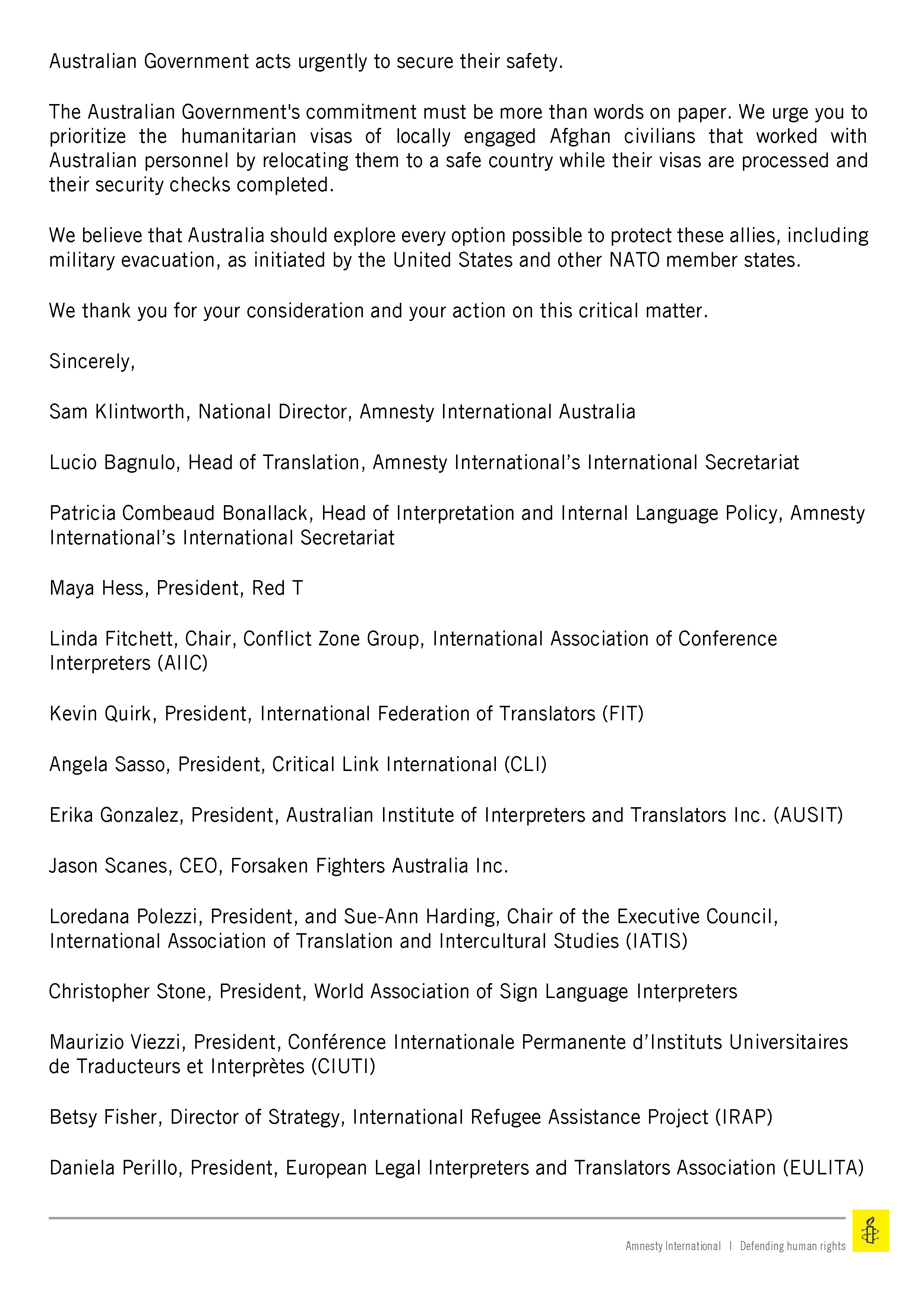 Amnesty Australia 290721 open letter Afghan translators Page 2